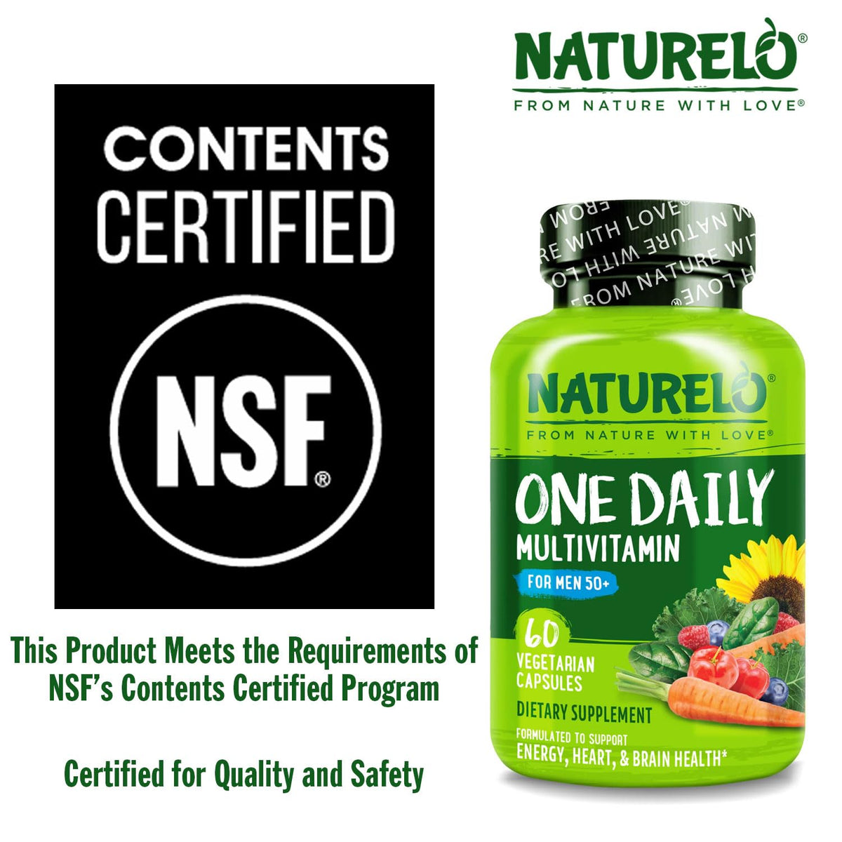 NATURELO Multivitamine pour Hommes 50+ - Gélules végétariennes sur fond blanc