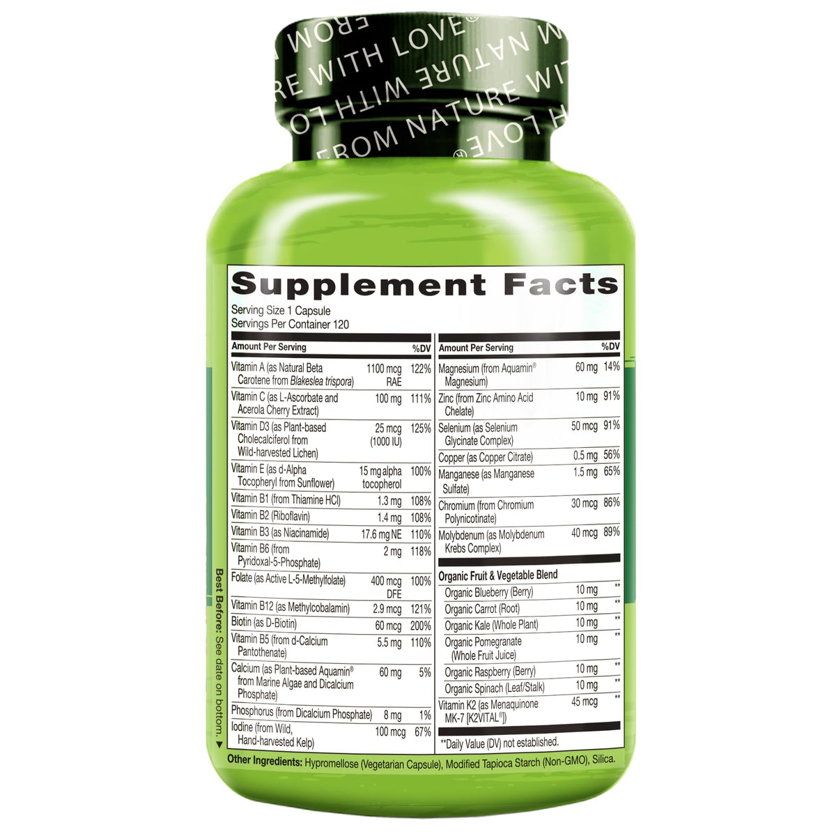 NATURELO Multivitamine pour Hommes 50+, mise en scène avec des fruits et légumes