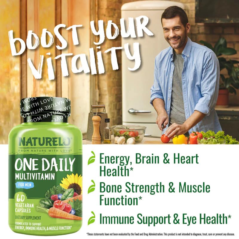 NATURELO Multivitamine pour Hommes, capsules à côté de fruits et légumes