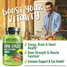 NATURELO Multivitamine pour Hommes, capsules à côté de fruits et légumes
