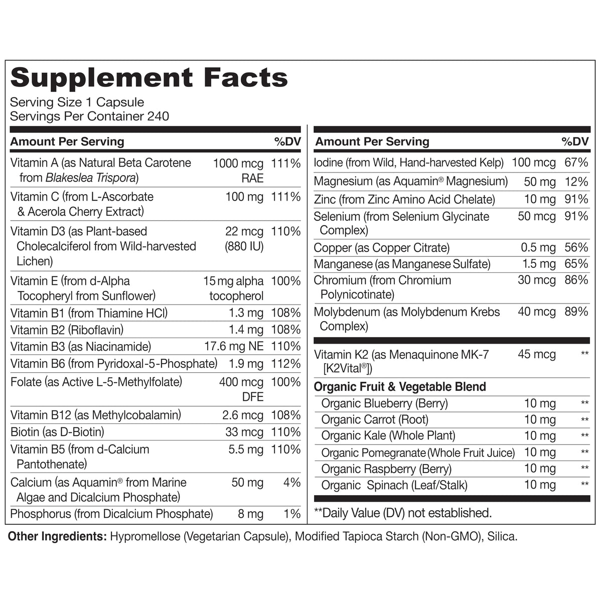 NATURELO Multivitamine pour Hommes - vue de l'étiquette avec ingrédients