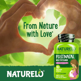 NATURELO Multivitamines Postnatales 180 Capsules à côté d'herbes