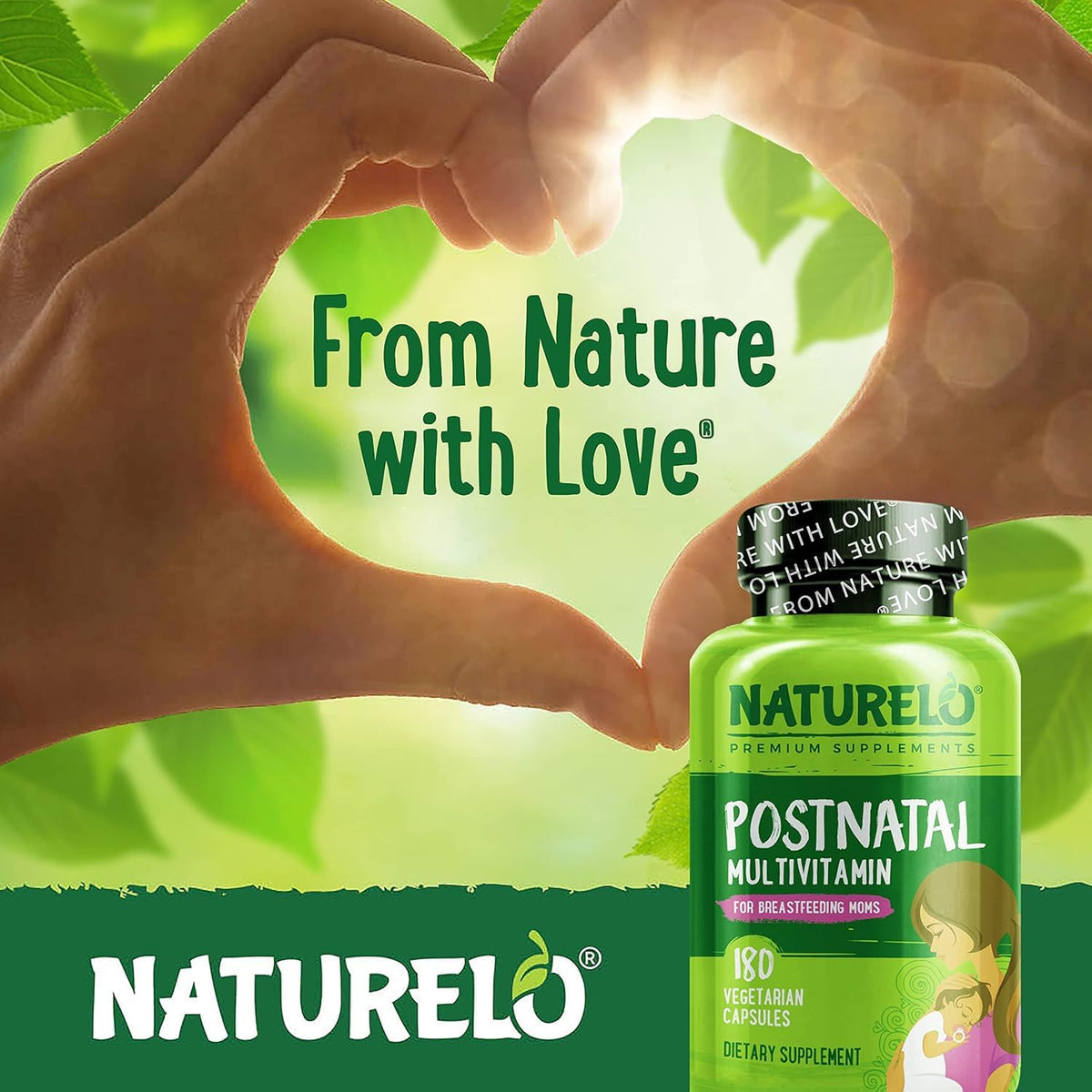 NATURELO Multivitamines Postnatales 180 capsules à côté d'un verre d'eau