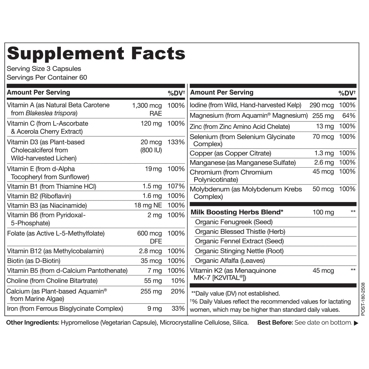 NATURELO Multivitamines Postnatales 180 Capsules côté droit