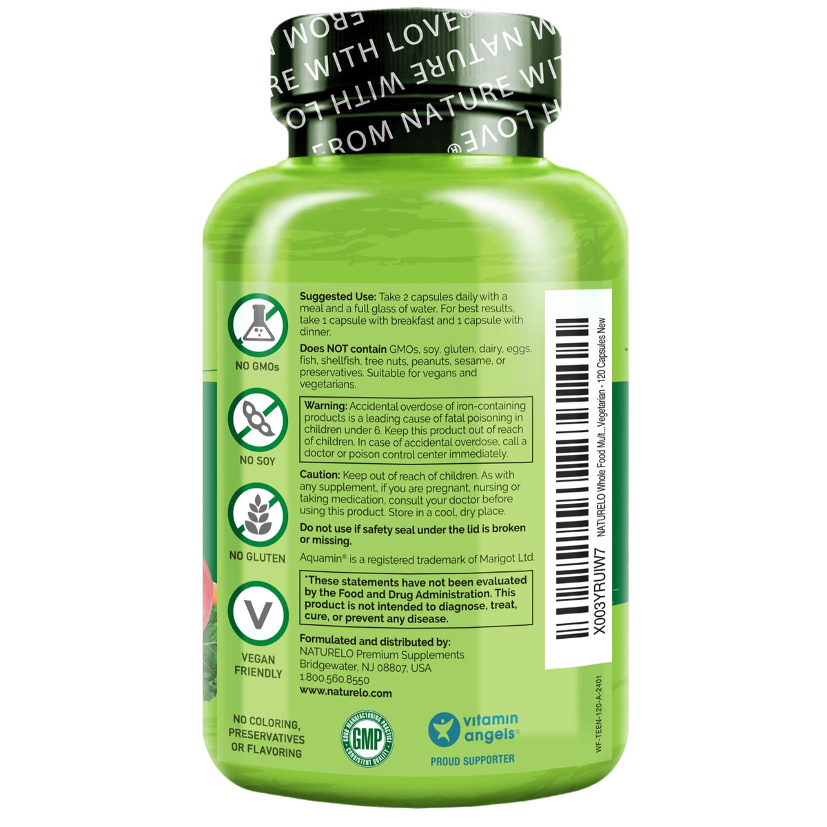 NATURELO Multivitamines pour Adolescents 120 Capsules à côté d'un verre d'eau
