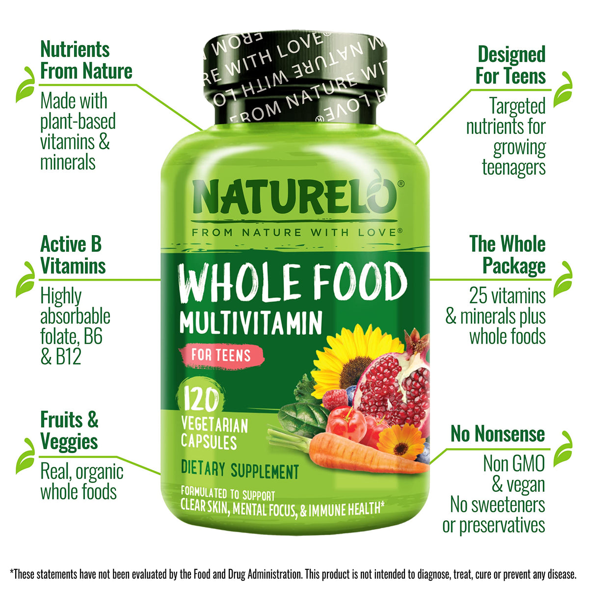 NATURELO Multivitamines pour Adolescents 120 Capsules avec ingrédients naturels