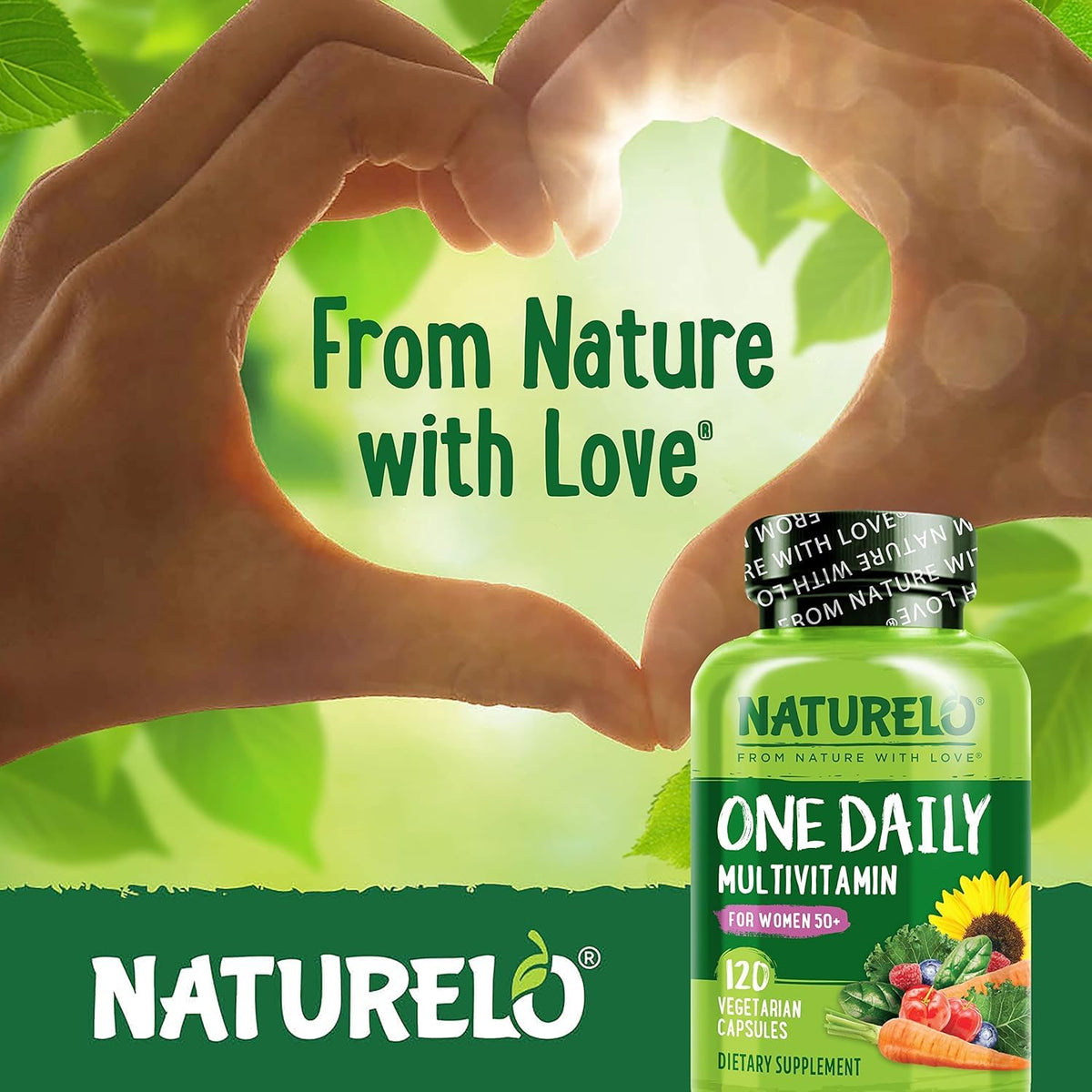 NATURELO Multivitamines pour Femmes 50+ avec vue de l'arrière du flacon