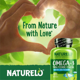 NATURELO Omega 3 gélules sur une surface blanche