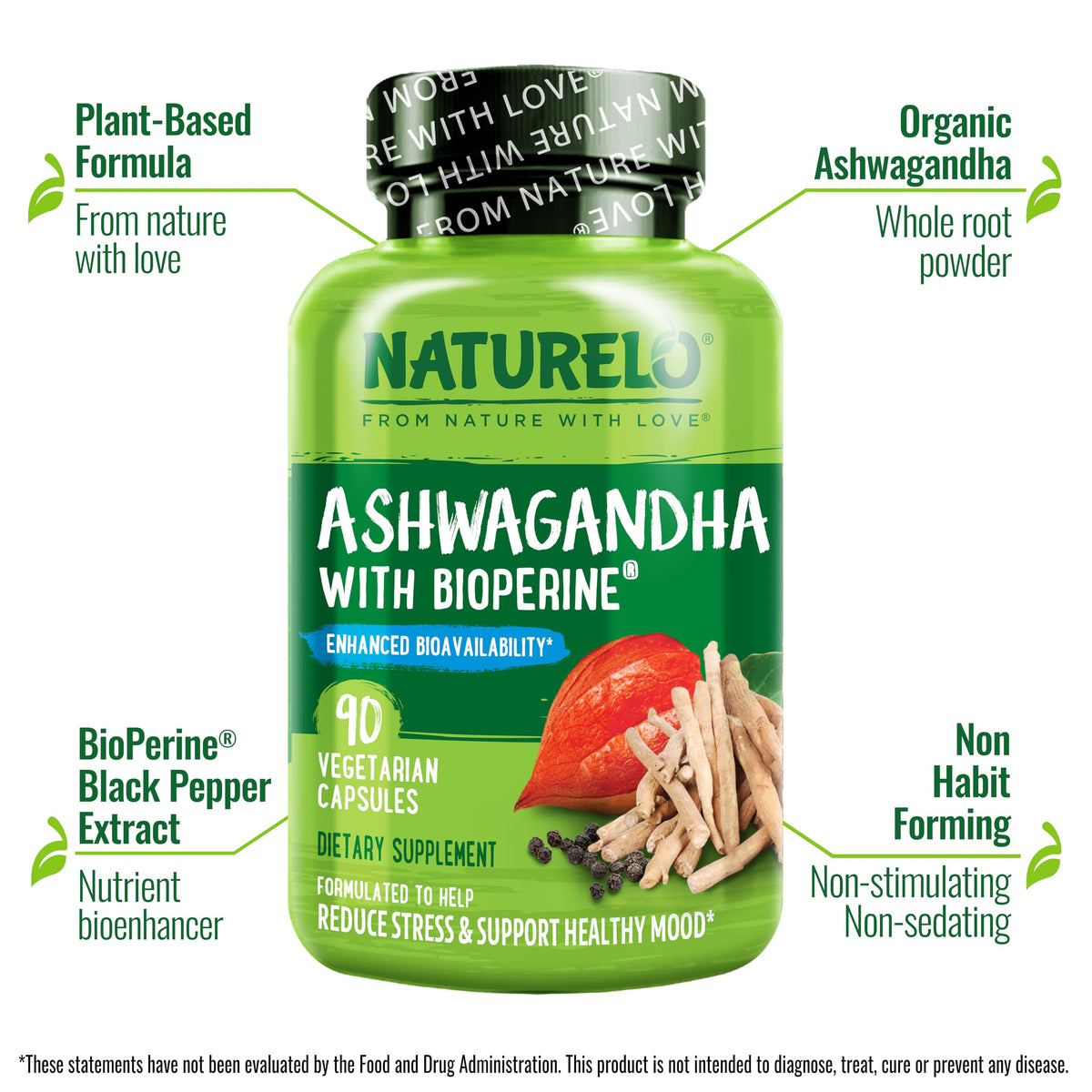 NATURELO Poudre de Racine d'Ashwagandha Bio 90 Capsules Végétales emballage