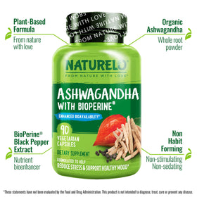 NATURELO Poudre de Racine d'Ashwagandha Bio 90 Capsules Végétales emballage