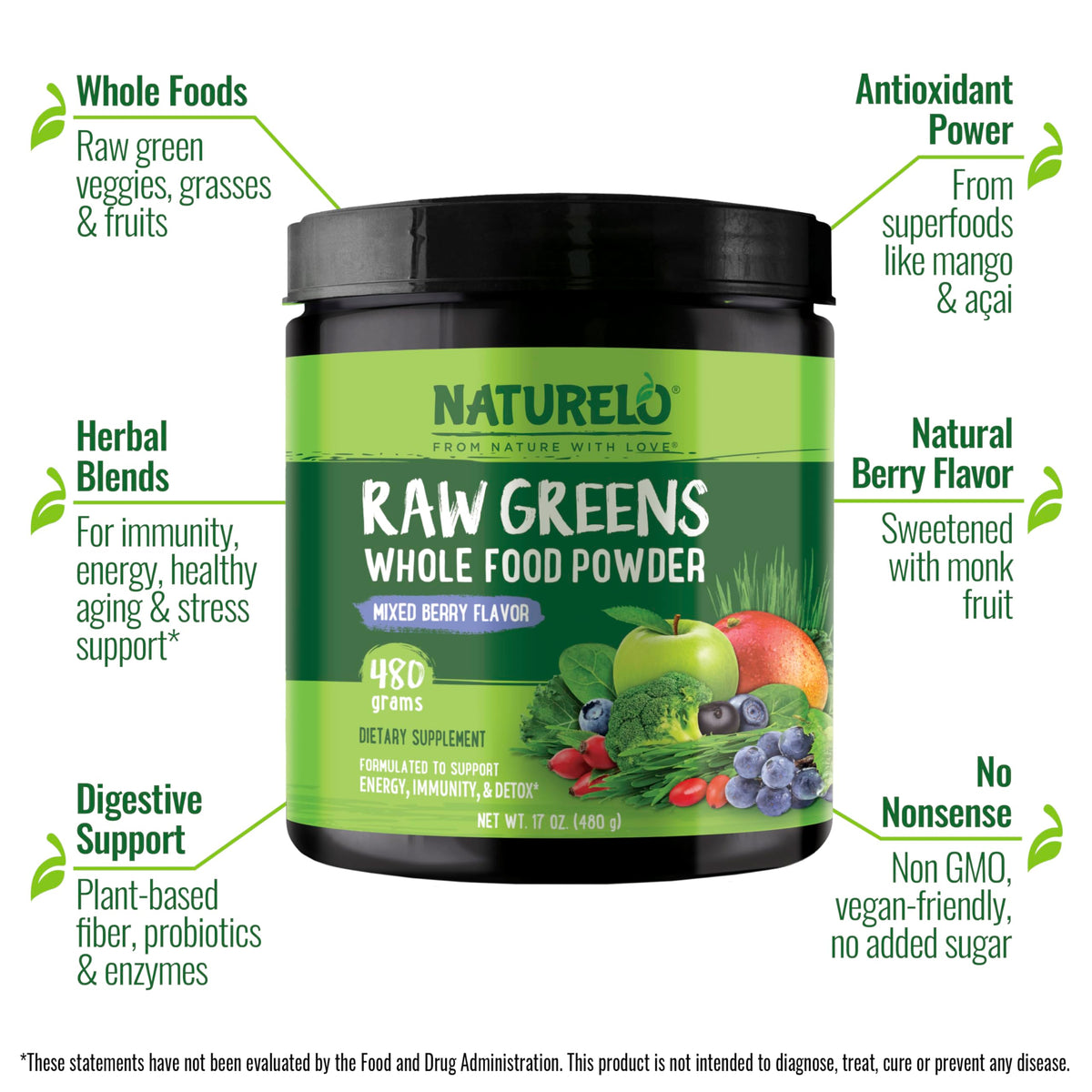 NATURELO Poudre de Superaliments Verts 480g, étiquette et ingrédients