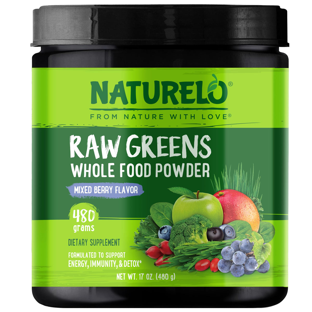 NATURELO Poudre de Superaliments Verts 480g Saveur Baies, vue avant