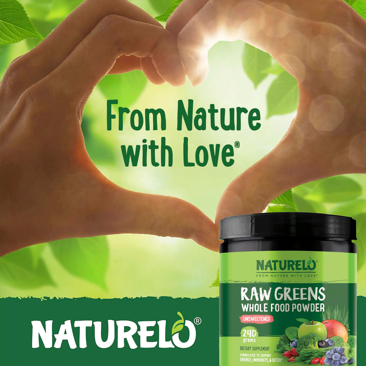 NATURELO Poudre de Superfood Raw Greens 240g avec fruits et légumes