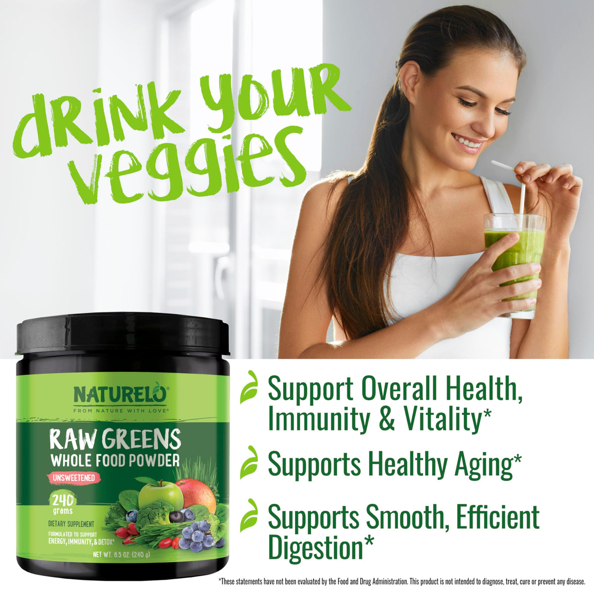 NATURELO Poudre de Superfood Raw Greens 240g emballage