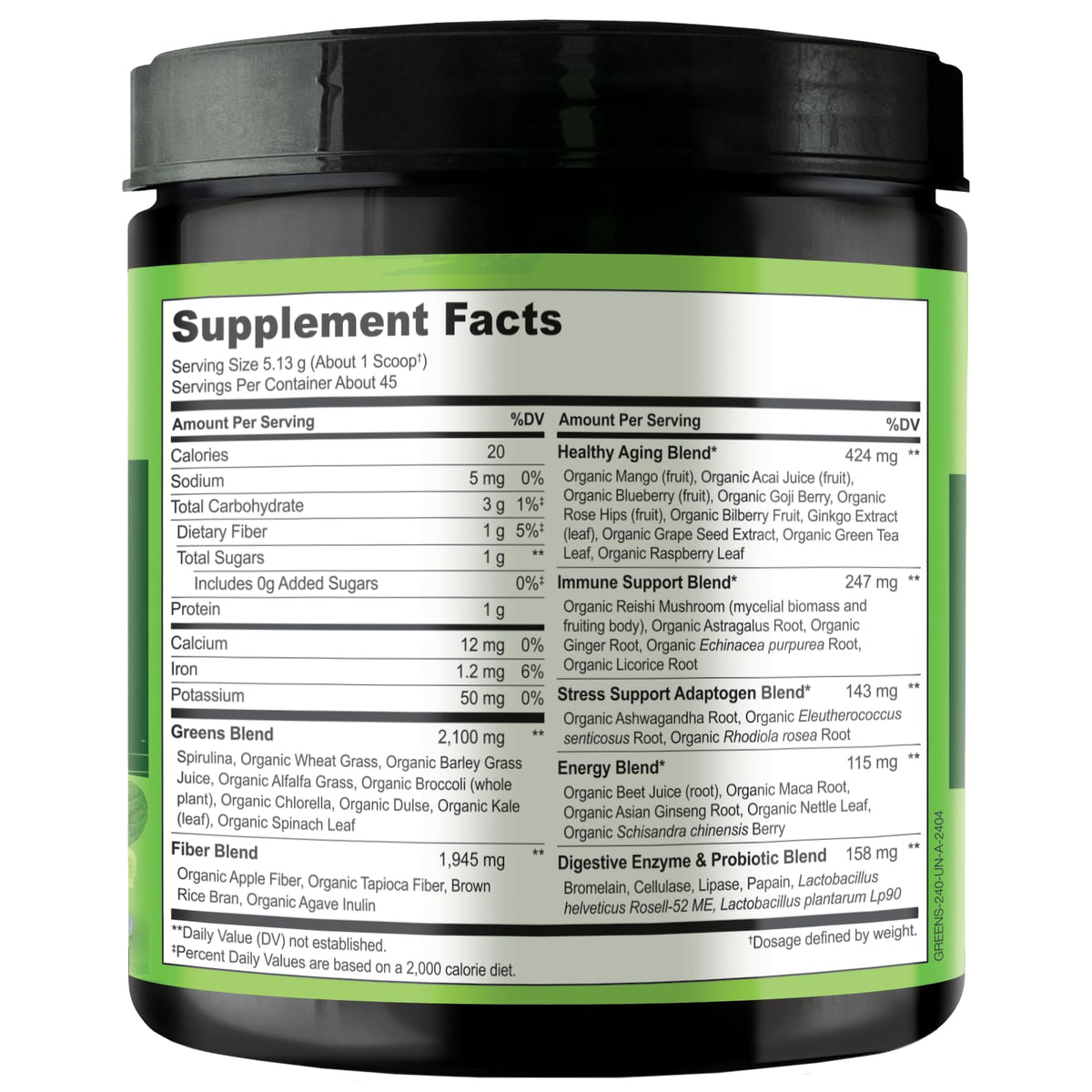 NATURELO Poudre de Superfood Raw Greens 240g sur une table