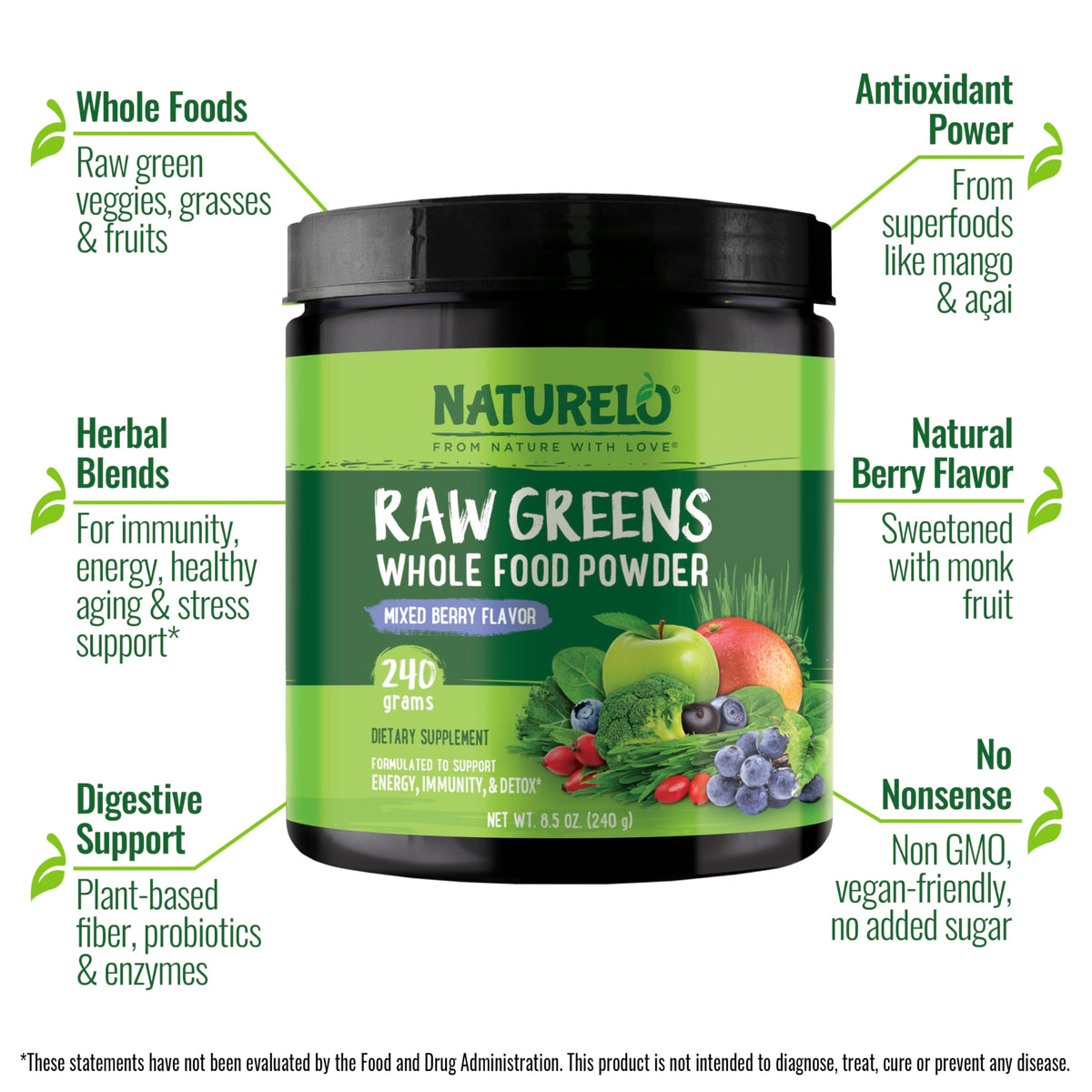 NATURELO Poudre Superfood Greens 240g avec cuillère de mesure