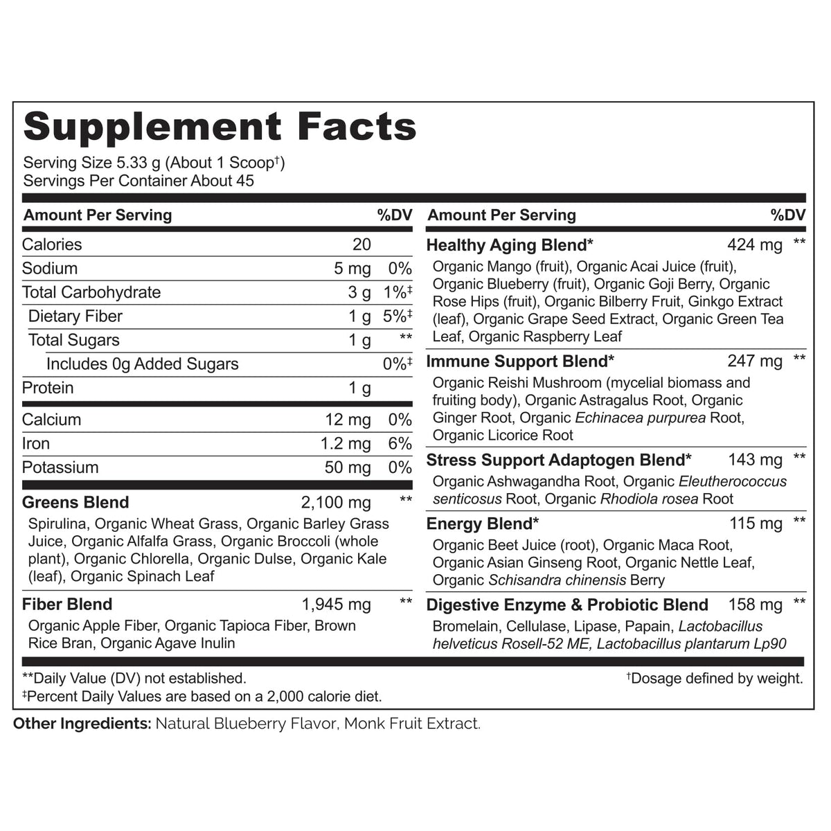 NATURELO Poudre Superfood Greens 240g - ingrédients organiques