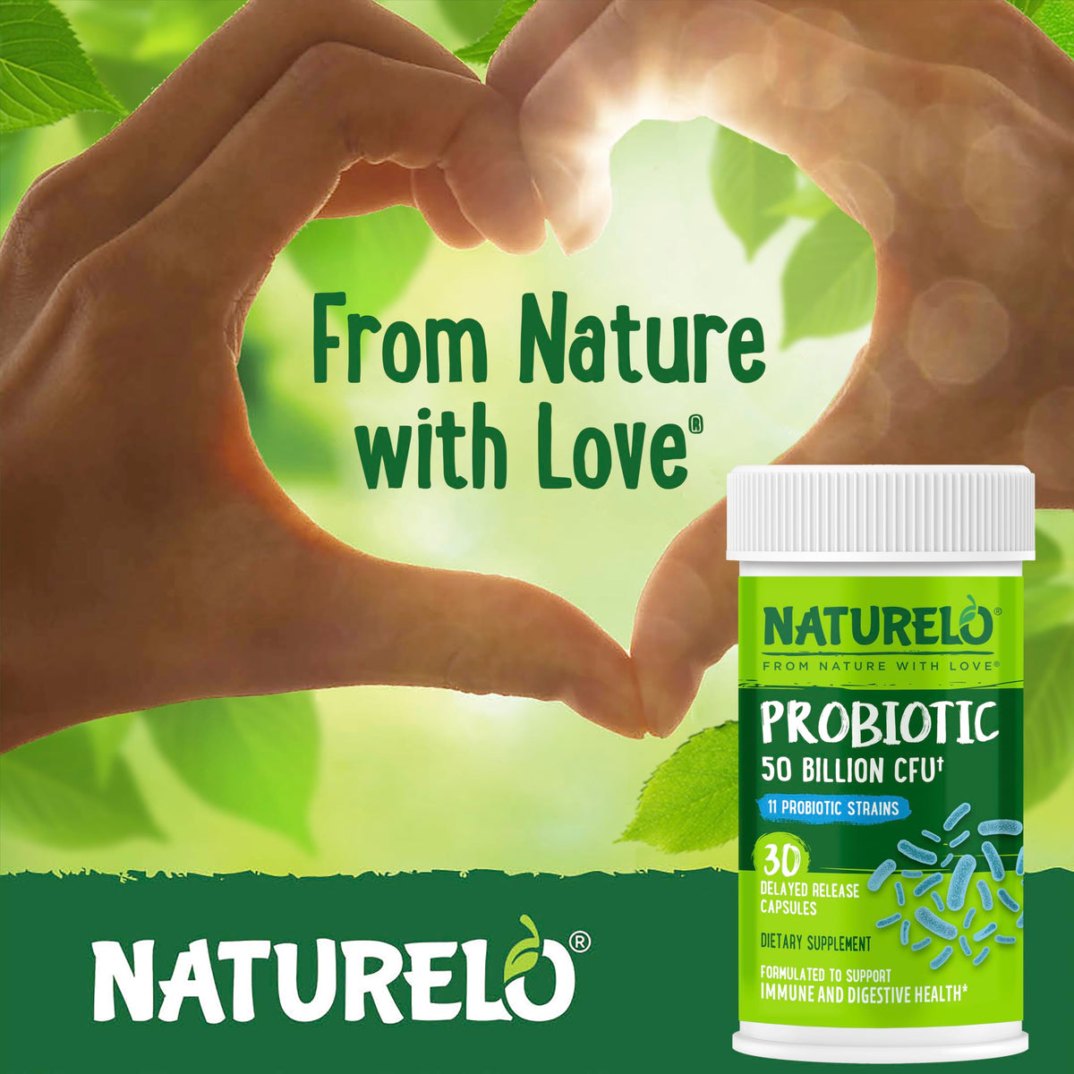 NATURELO Probiotiques 50 Milliards CFU - capsules sur une table