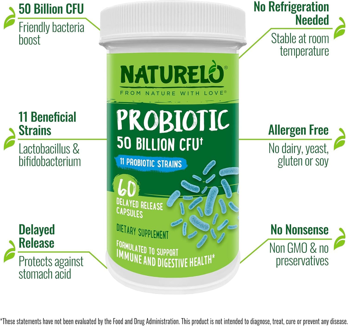NATURELO Probiotiques 60 Capsules avec des ingrédients naturels