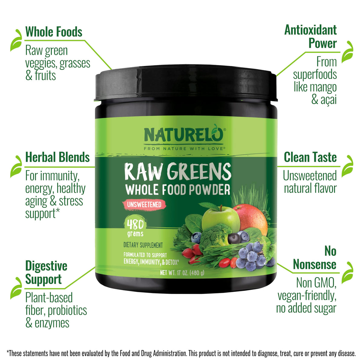 NATURELO Raw Greens Poudre Superaliment 480g emballage