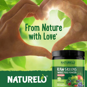 NATURELO Raw Greens Poudre Superaliment 480g mélange dans un verre