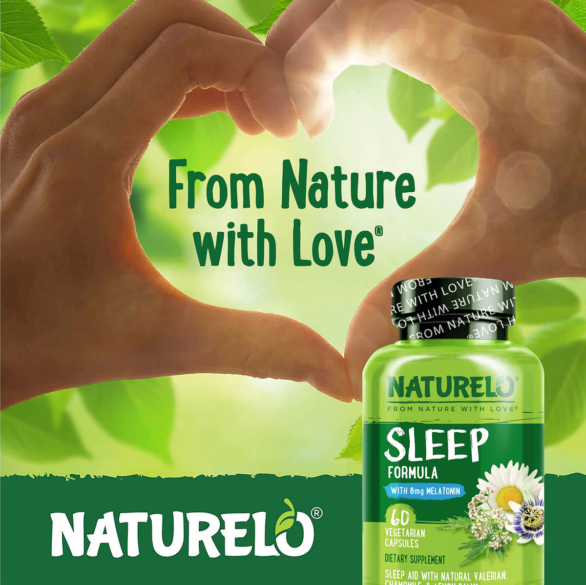 NATURELO Sommeil 60 capsules à côté d'une tasse de tisane