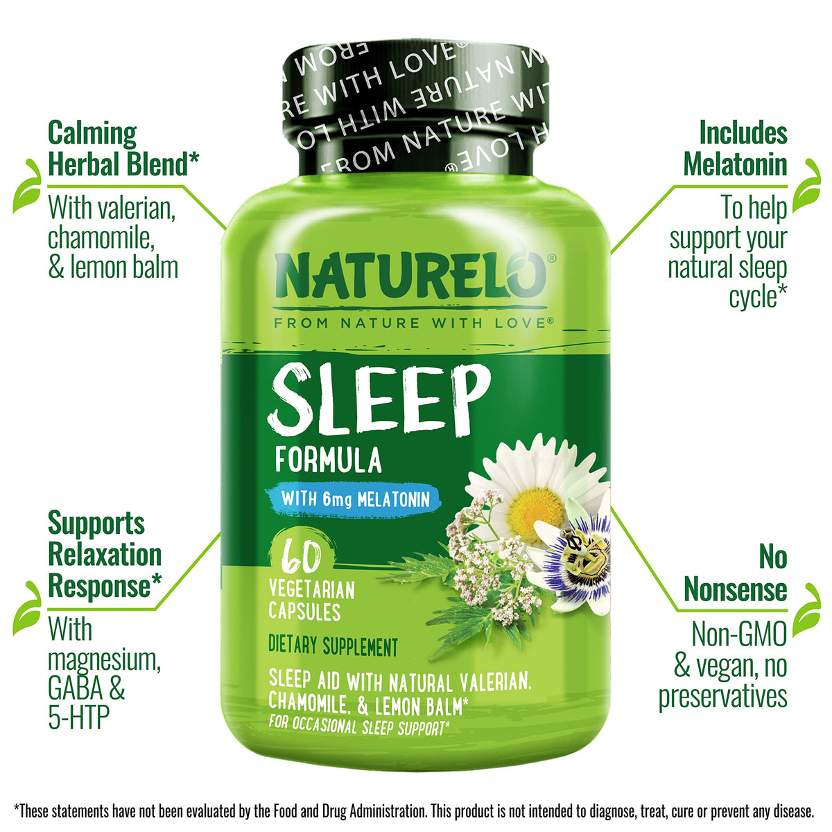 NATURELO Sommeil ingrédients naturels en arrière-plan