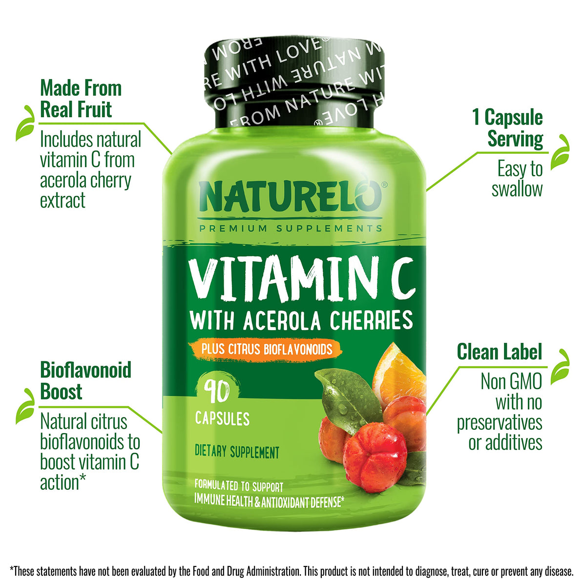 NATURELO Vitamine C 500 mg 180 capsules avec cerises acerola