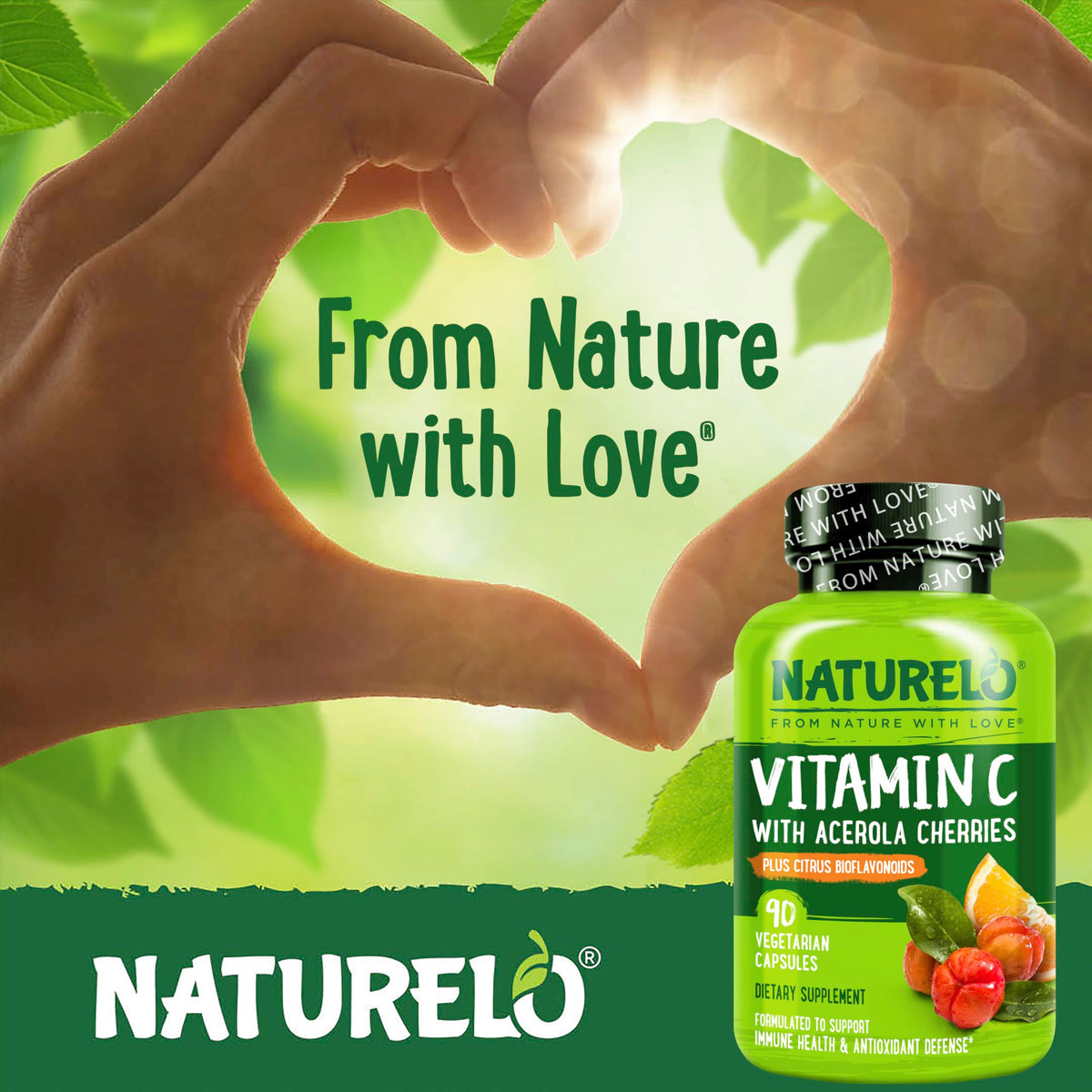 NATURELO Vitamine C 500 mg, capsules sur une table en bois