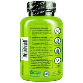NATURELO Vitamine C 500 mg, présentation du produit avec des fruits