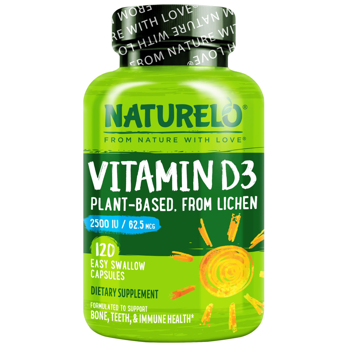 NATURELO Vitamine D3 2500 IU 120 capsules végétales, vue de face