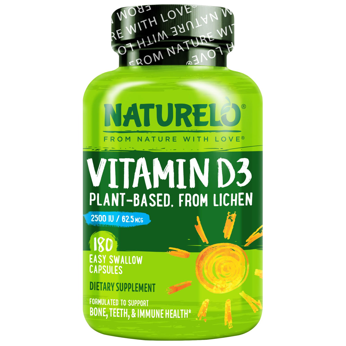 NATURELO Vitamine D3 2500 IU 180 capsules vue de face
