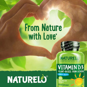 NATURELO Vitamine D3 2500 IU, flacon ouvert avec capsules visibles