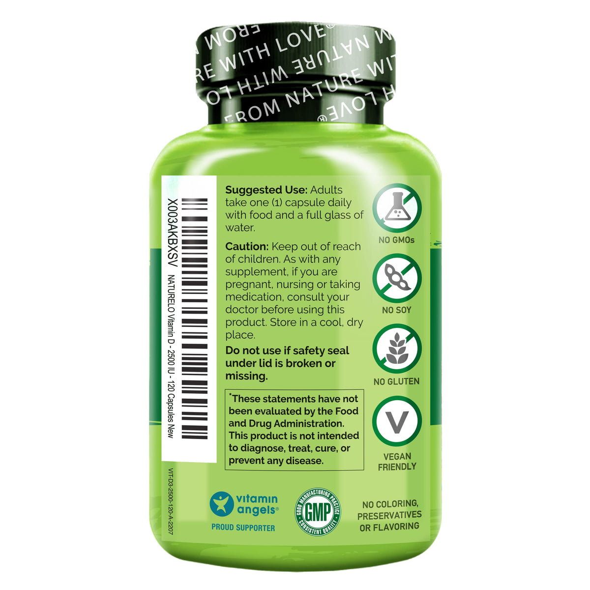 NATURELO Vitamine D3 2500 IU, flacon sur une table avec un verre d'eau