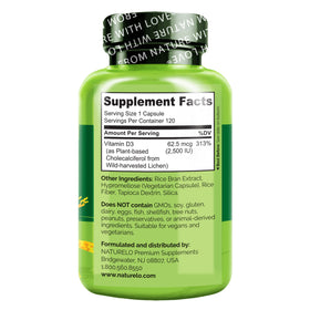 NATURELO Vitamine D3 2500 IU, mise en scène avec des éléments naturels