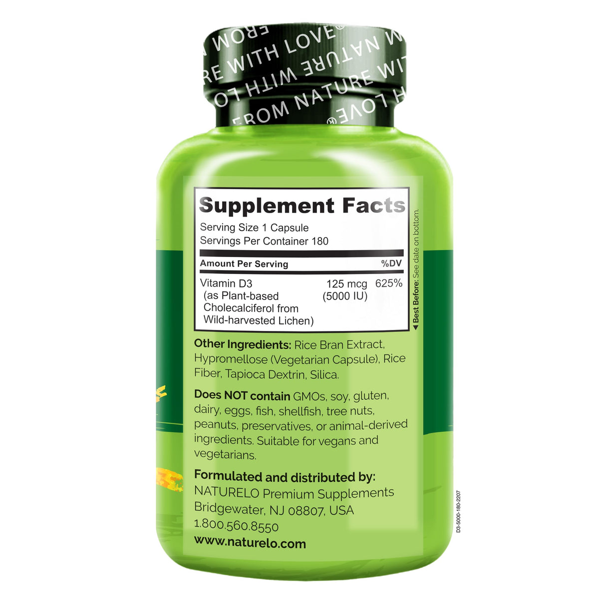NATURELO Vitamine D3 5000 IU 180 capsules, vue arrière