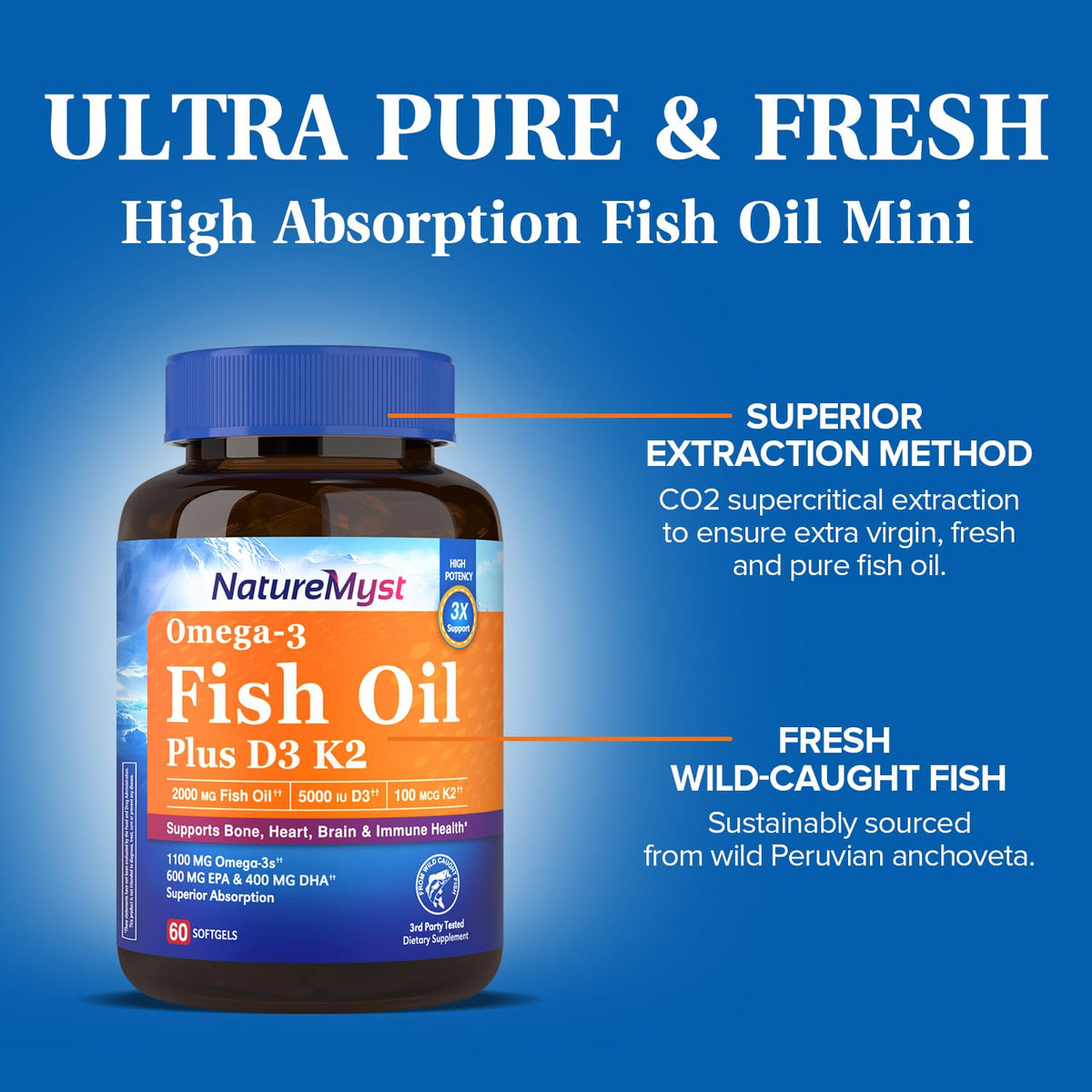 NatureMyst Huile de Poisson Omega-3 2000 mg avec D3 K2