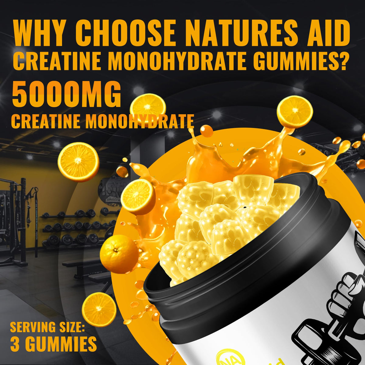 Natures Aid Gummies de Créatine Monohydrate 5g - pot ouvert avec gommes