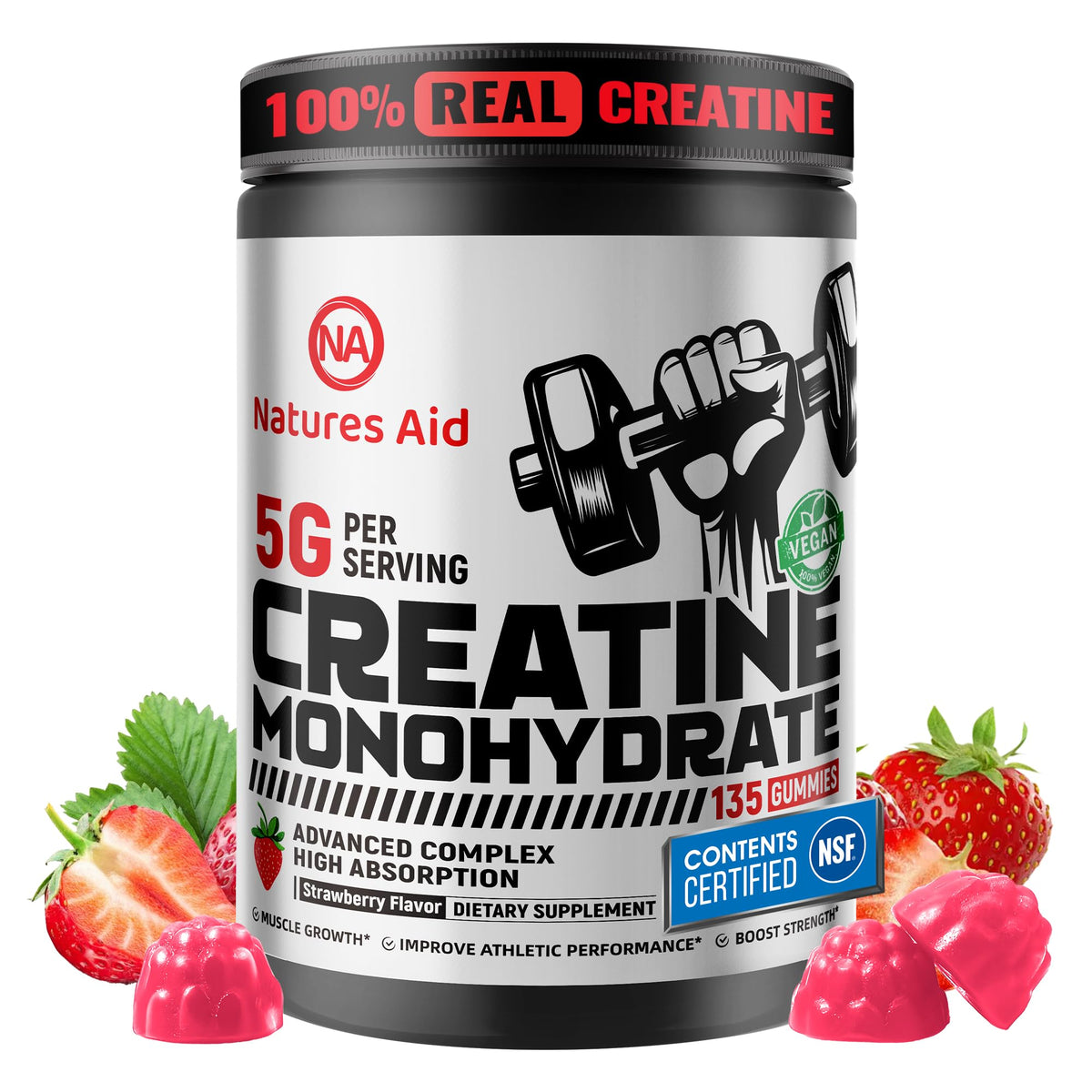 Natures Aid Gummy Créatine Monohydrate 5g bouteille vue avant