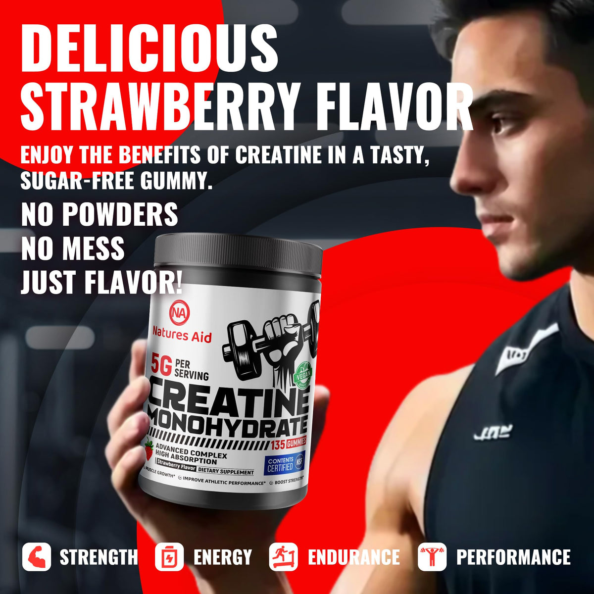 Natures Aid Gummy Créatine Monohydrate 5g gummies sur une table