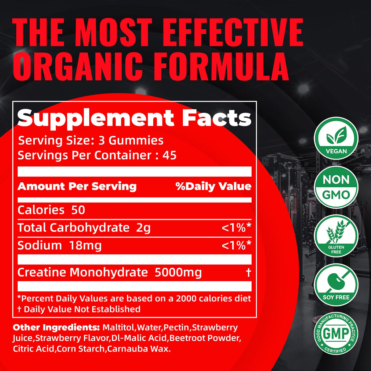 Natures Aid Gummy Créatine Monohydrate 5g vue de côté de la bouteille