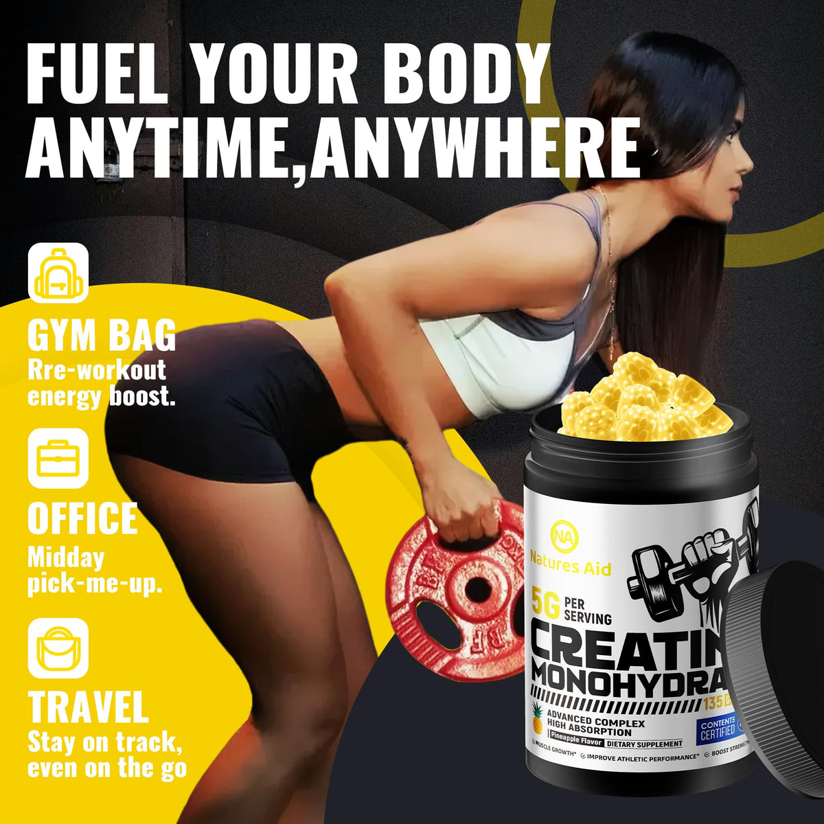 Natures Aid Gummy de Créatine Monohydrate 5g - mise en scène lifestyle