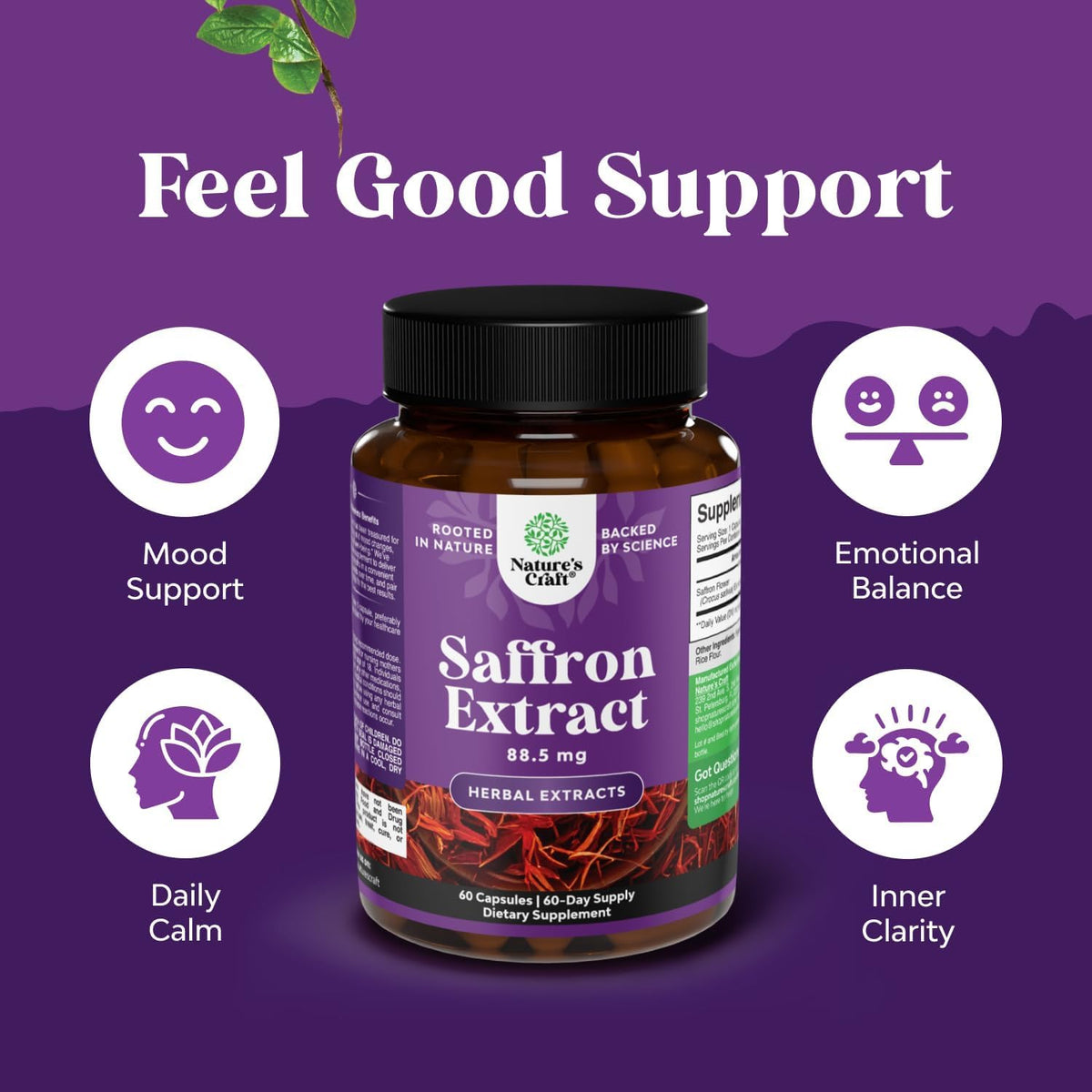 Natures Craft Compléments Alimentaires Extraits de Safran 60 Capsules - étiquette détaillée
