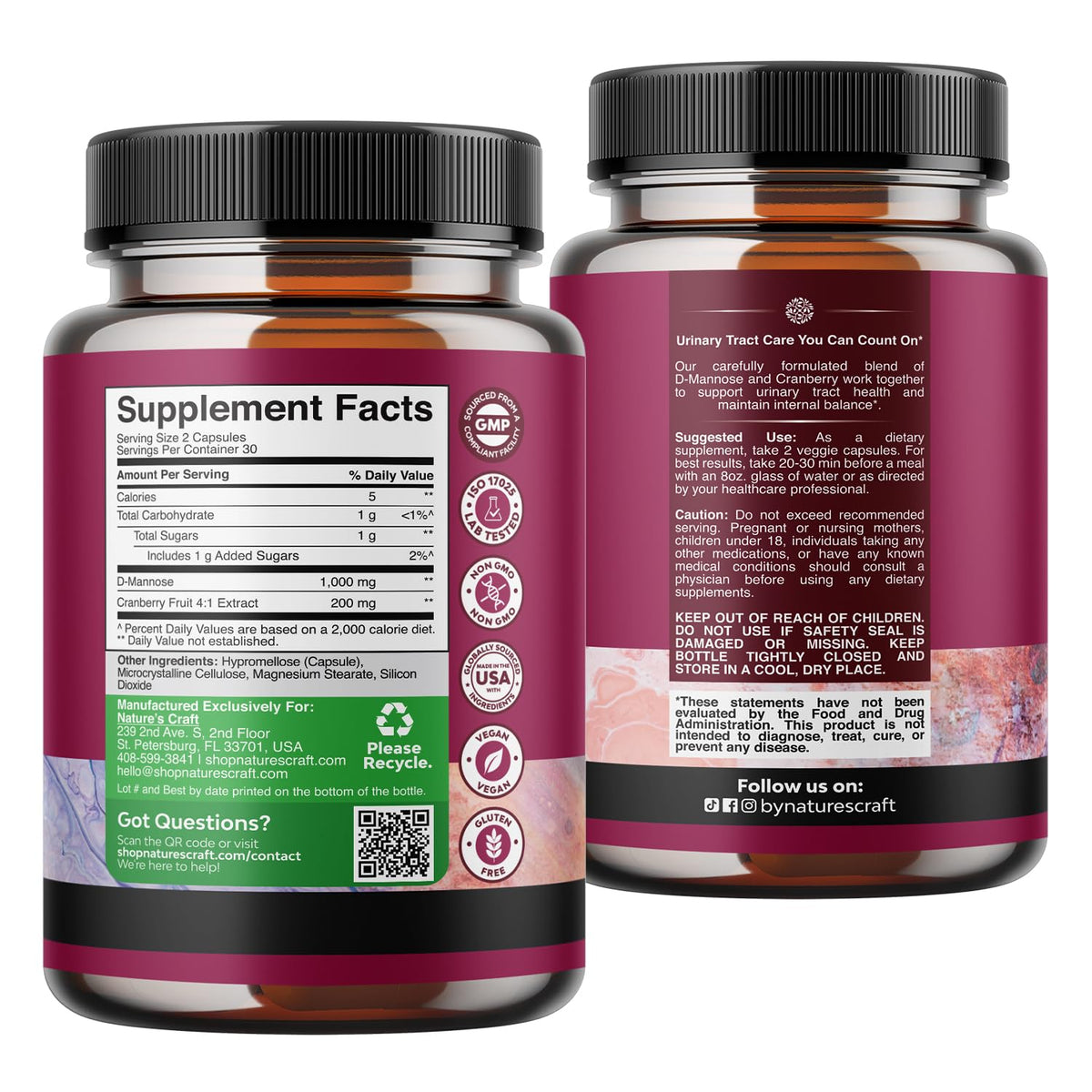 Natures Craft D Mannose 1000mg sur une table avec des fruits
