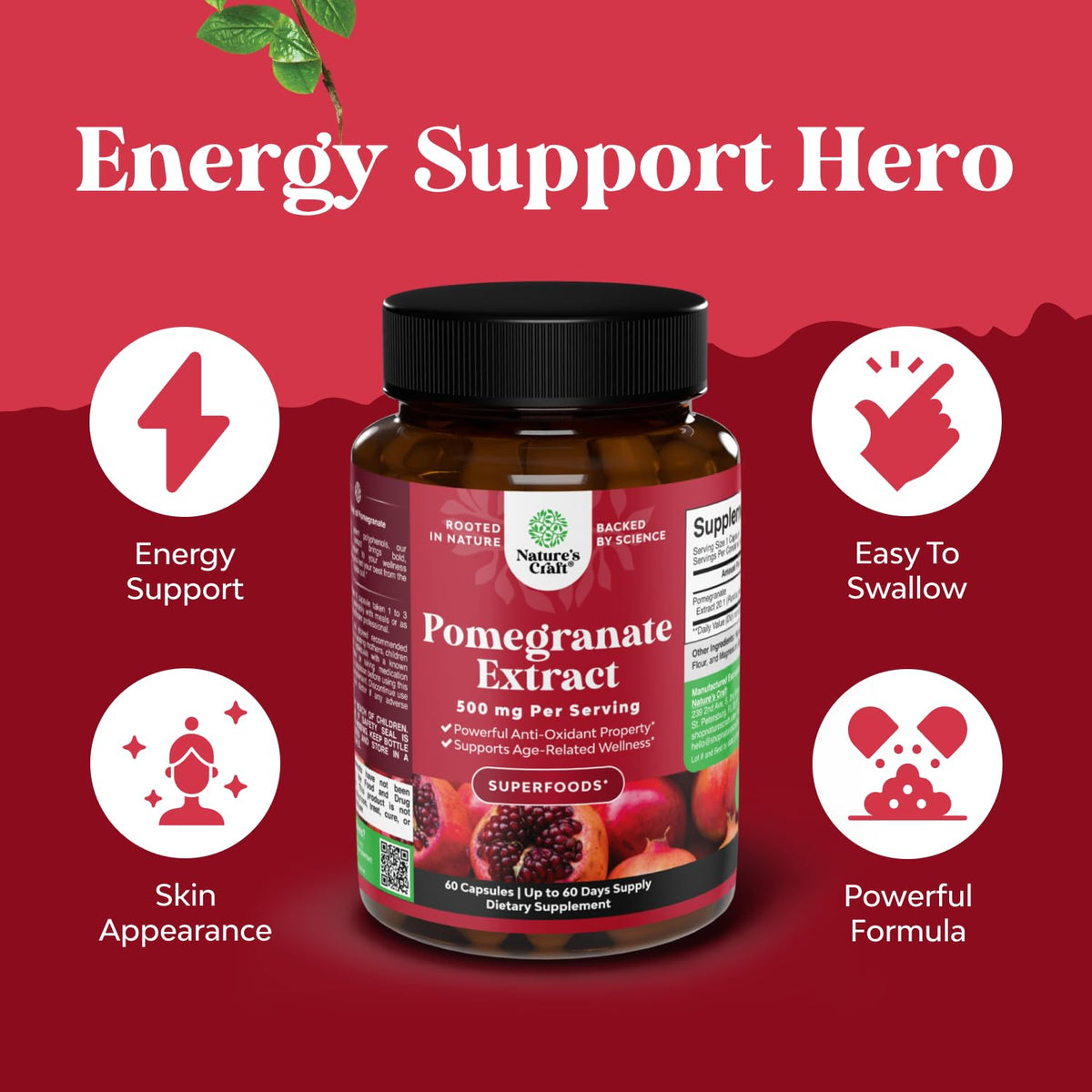Natures Craft Extrait de Grenade capsules 500mg flacon arrière