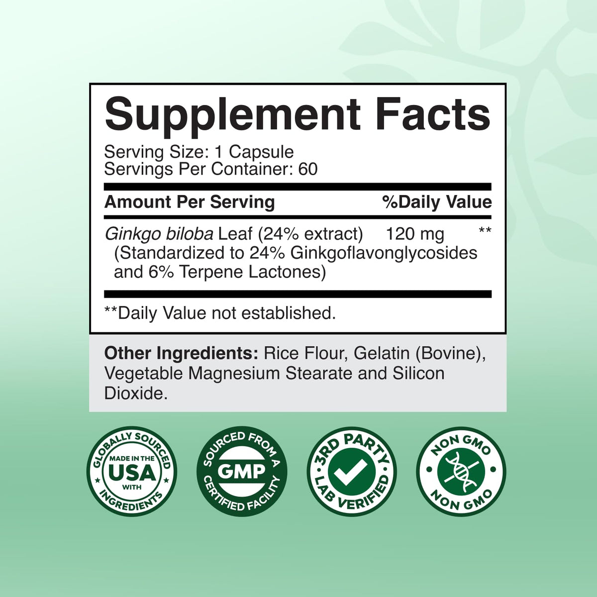 Natures Craft Ginkgo Biloba Capsules 120mg 60 Ct, capsules on a wooden table
