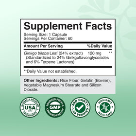 Natures Craft Ginkgo Biloba Capsules 120mg 60 Ct, capsules on a wooden table