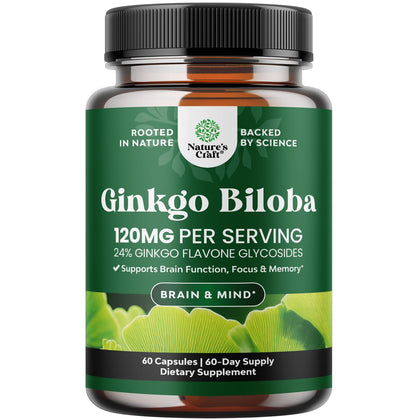 Natures Craft Ginkgo Biloba Capsules 120mg 60 Ct, packaging front view