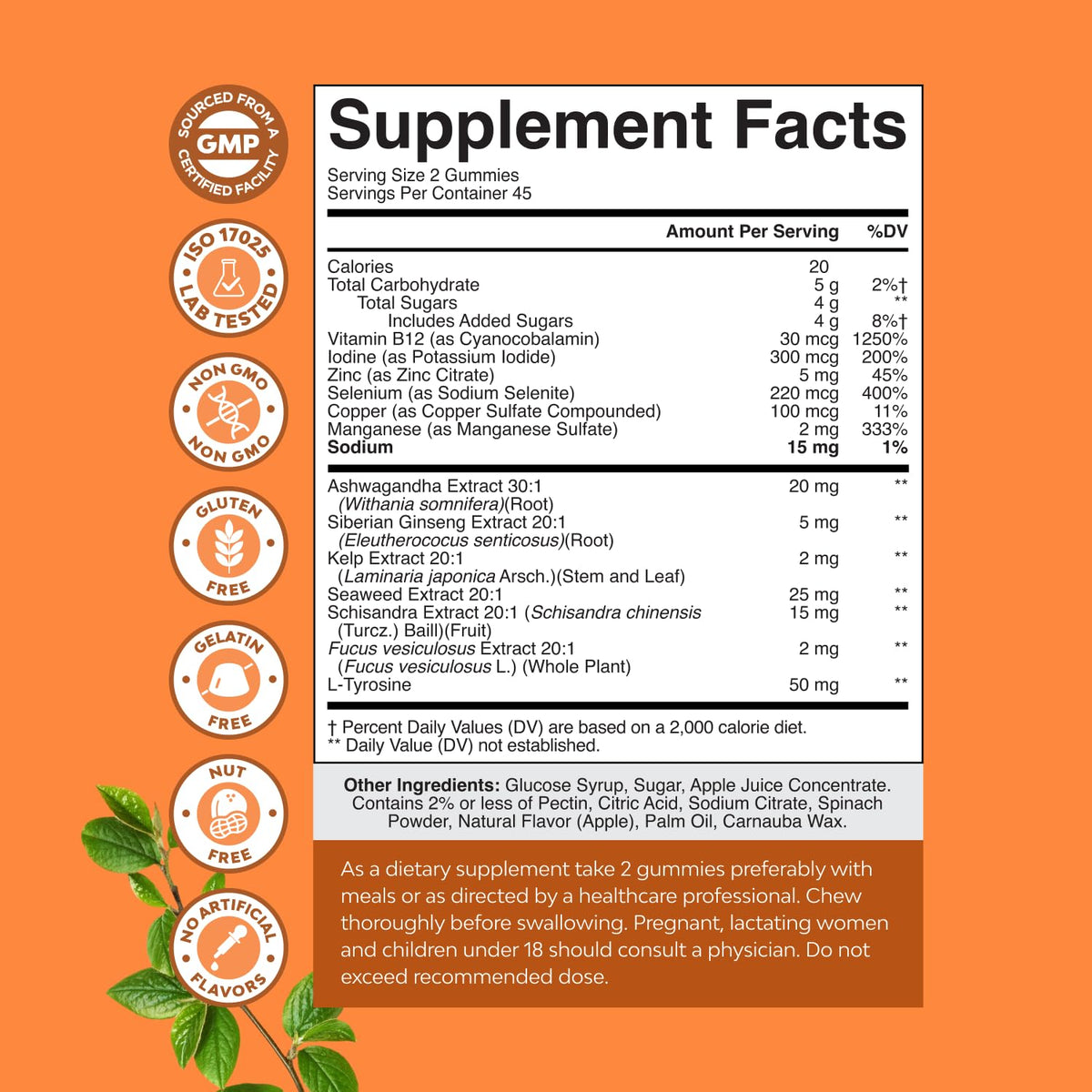 Natures Craft Gummies de Soutien Thyroïdien avec une vue des ingrédients