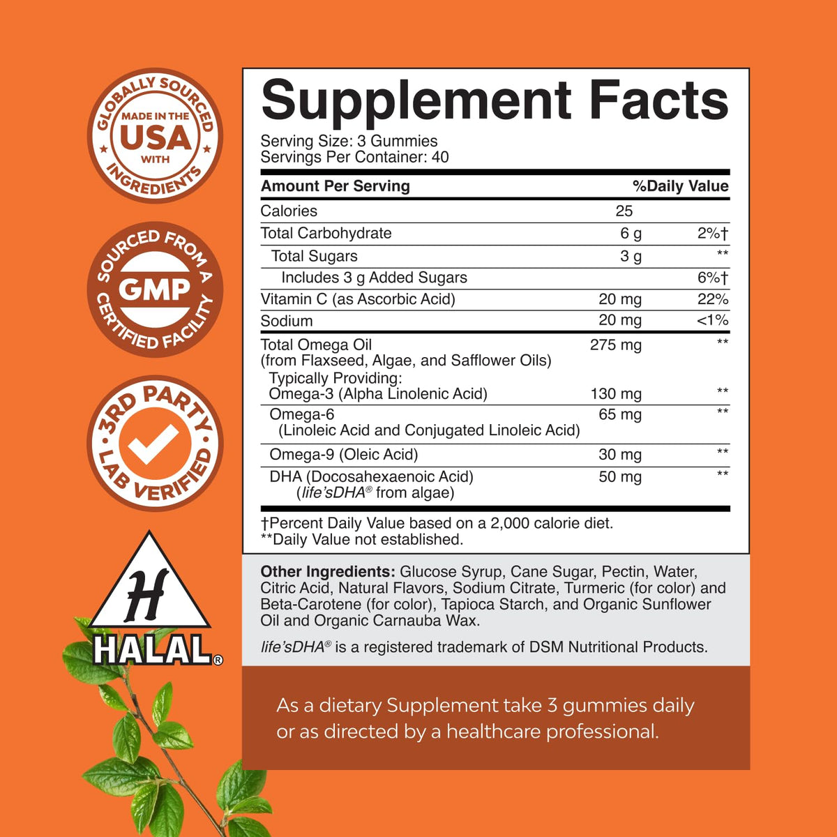 Natures Craft Gummies Omega 3 6 9 DHA végétarien arrière du pot